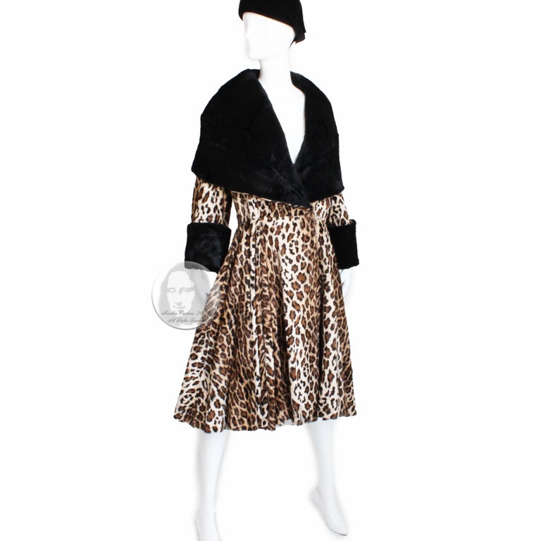 Women's Norma Kamali OMO Faux Leopard Fur Coat Oversized Shawl Collar Vintage 80s Rare L For Sale