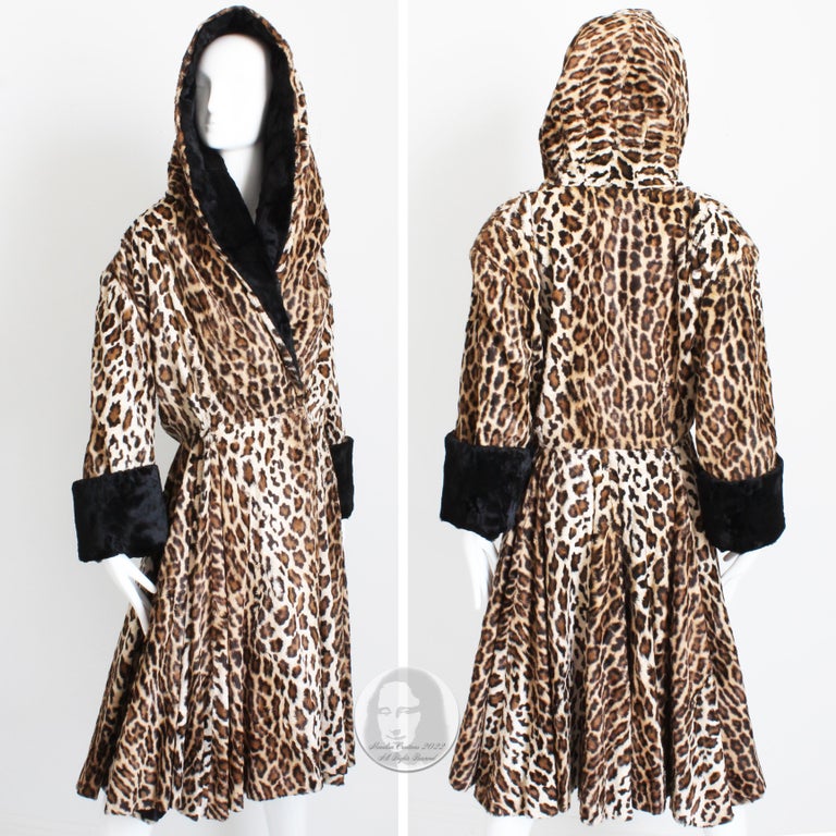 Norma Kamali OMO Faux Leopard Fur Coat Oversized Shawl Collar Vintage 80s Rare L For Sale 1