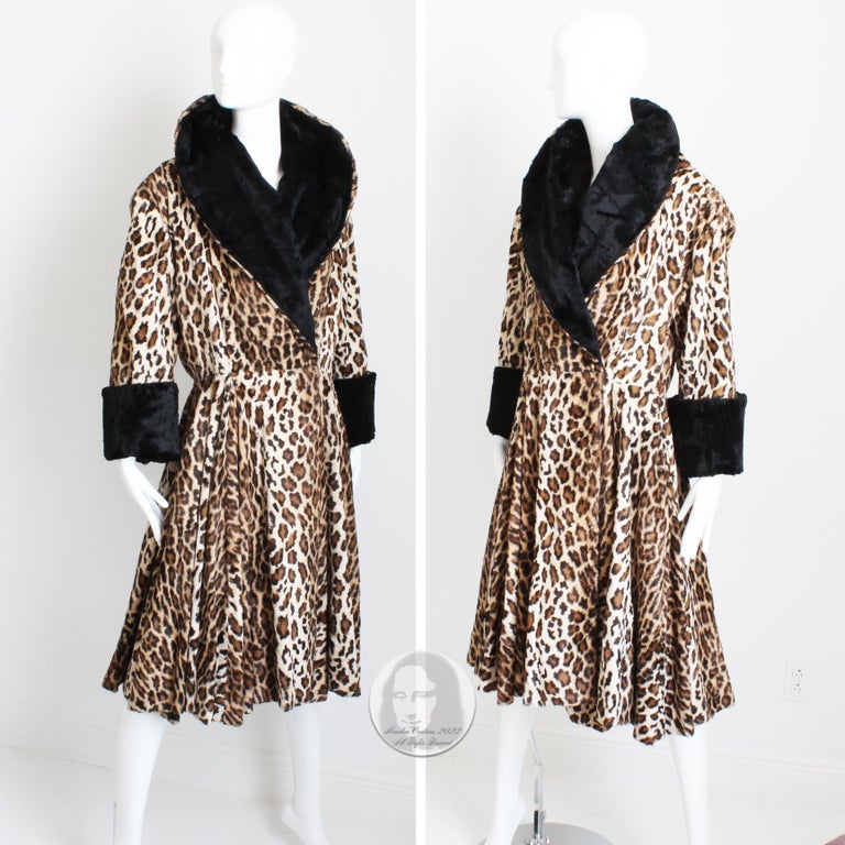 Norma Kamali OMO Faux Leopard Fur Coat Oversized Shawl Collar Vintage 80s Rare L For Sale 2