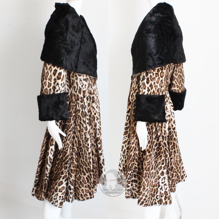 Norma Kamali OMO Faux Leopard Fur Coat Oversized Shawl Collar Vintage 80s Rare L For Sale 3
