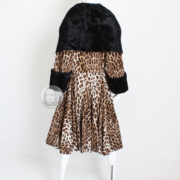 Norma Kamali OMO Faux Leopard Fur Coat Oversized Shawl Collar Vintage 80s Rare L For Sale 4