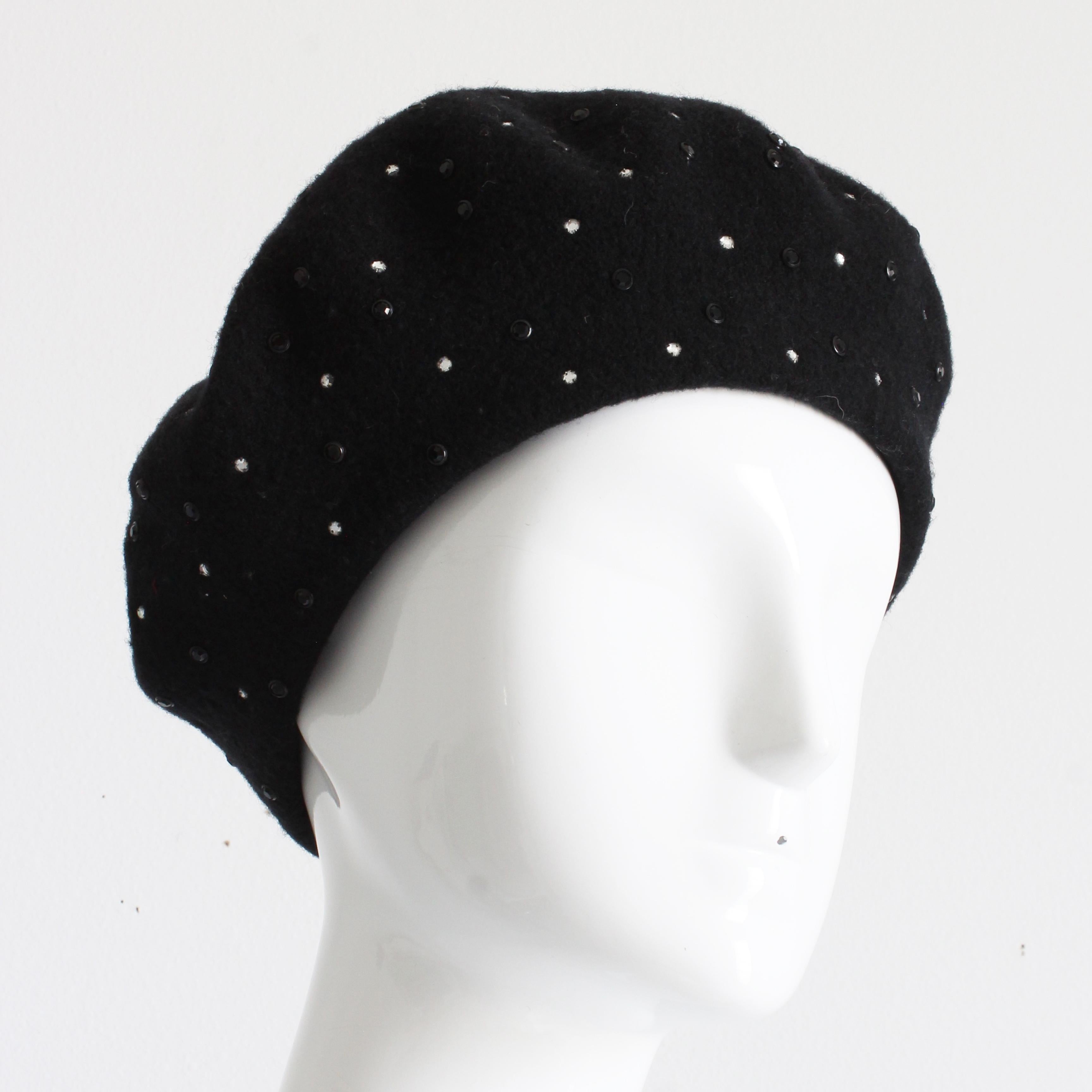 Femenino o masculino Norma Kamali OMO Sombrero Boina Lana Negro Adornado Raro Retro Vintage 80s en venta