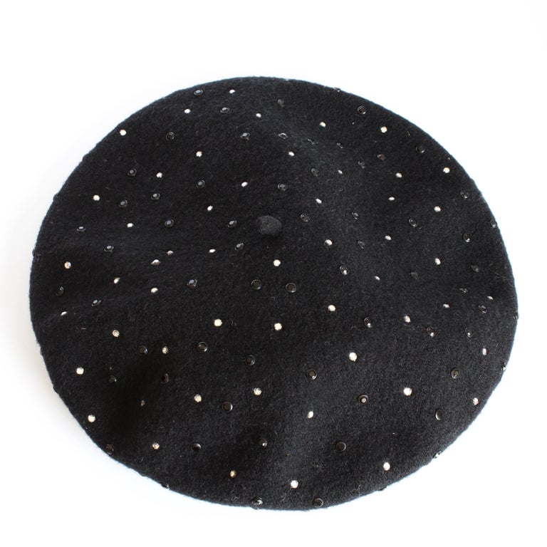 Norma Kamali OMO Hat Beret Black Wool Embellished Rare Retro 