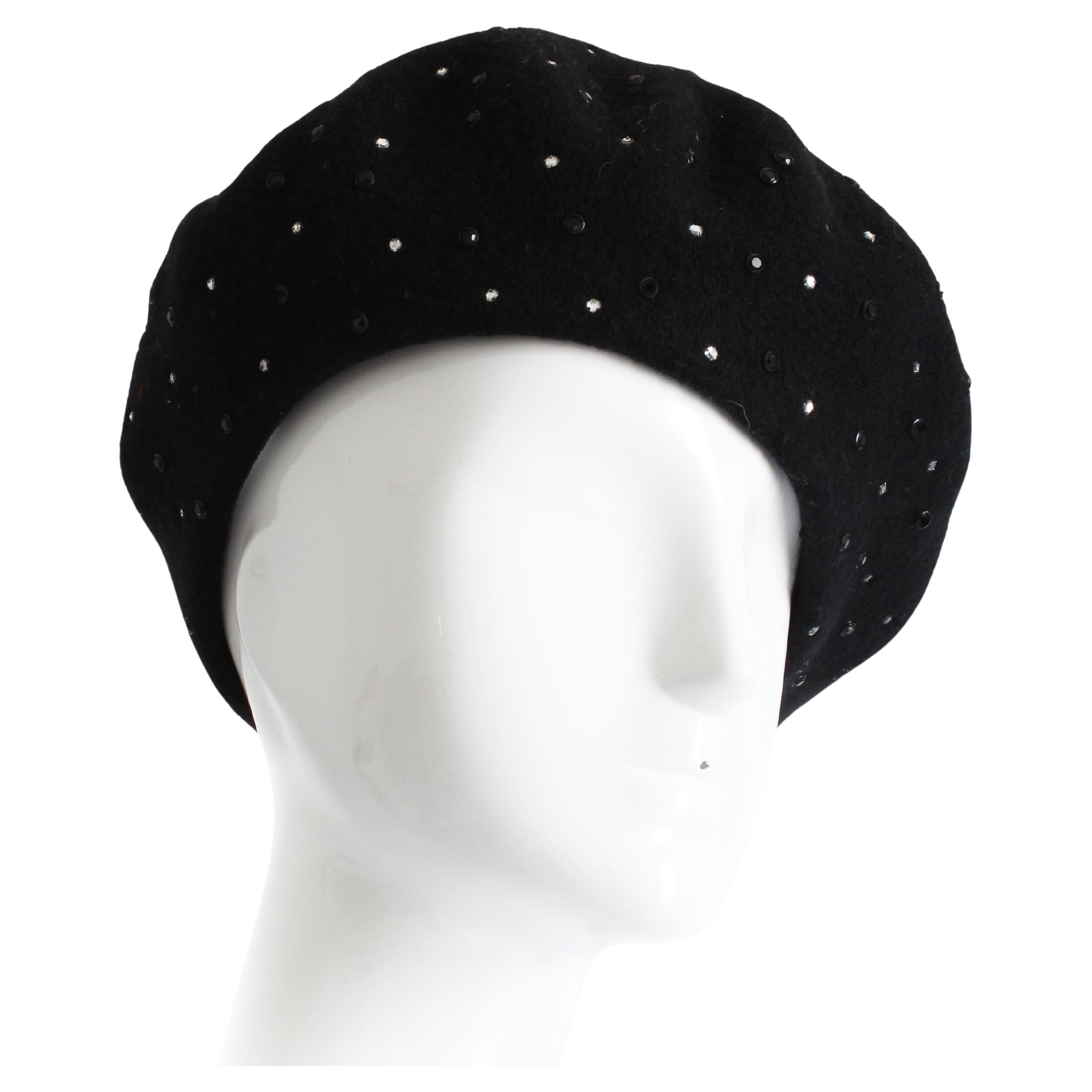 Norma Kamali OMO Sombrero Boina Lana Negro Adornado Raro Retro Vintage 80s en venta