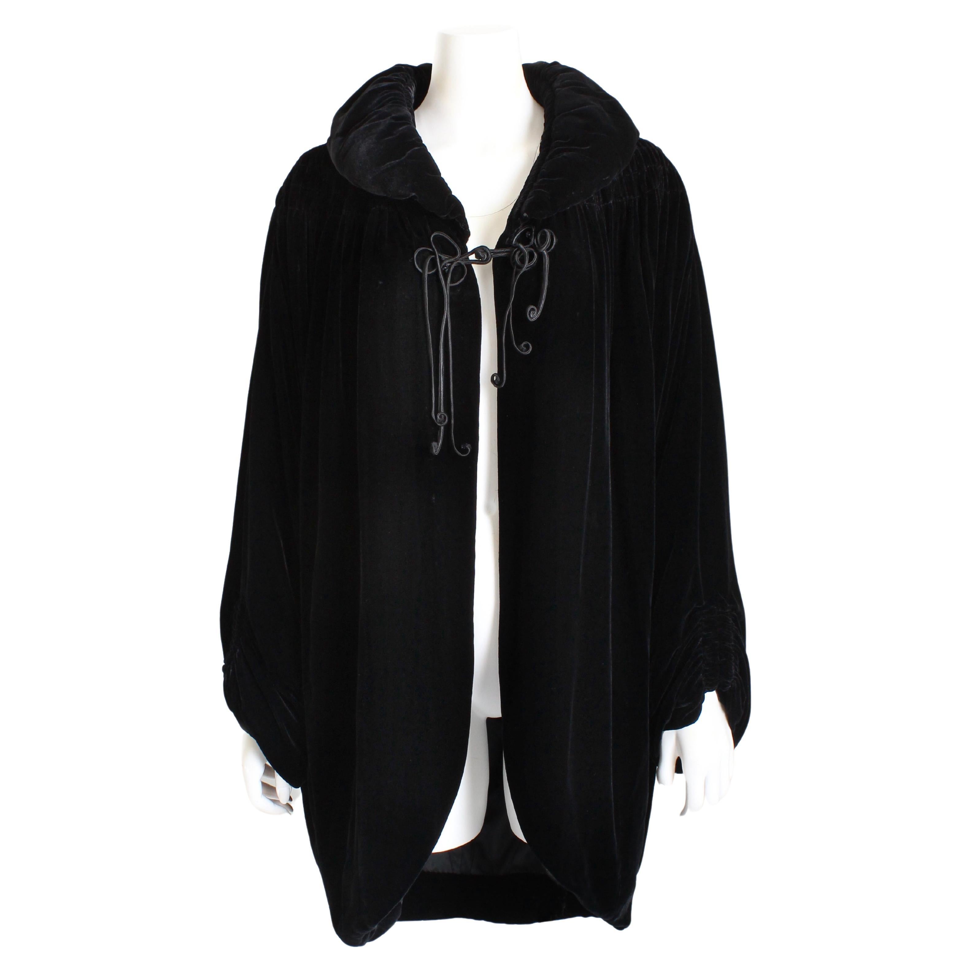 Norma Kamali OMO Jacket Black Silk Velvet Cocoon Batwing Sleeves Shirring 90s  For Sale