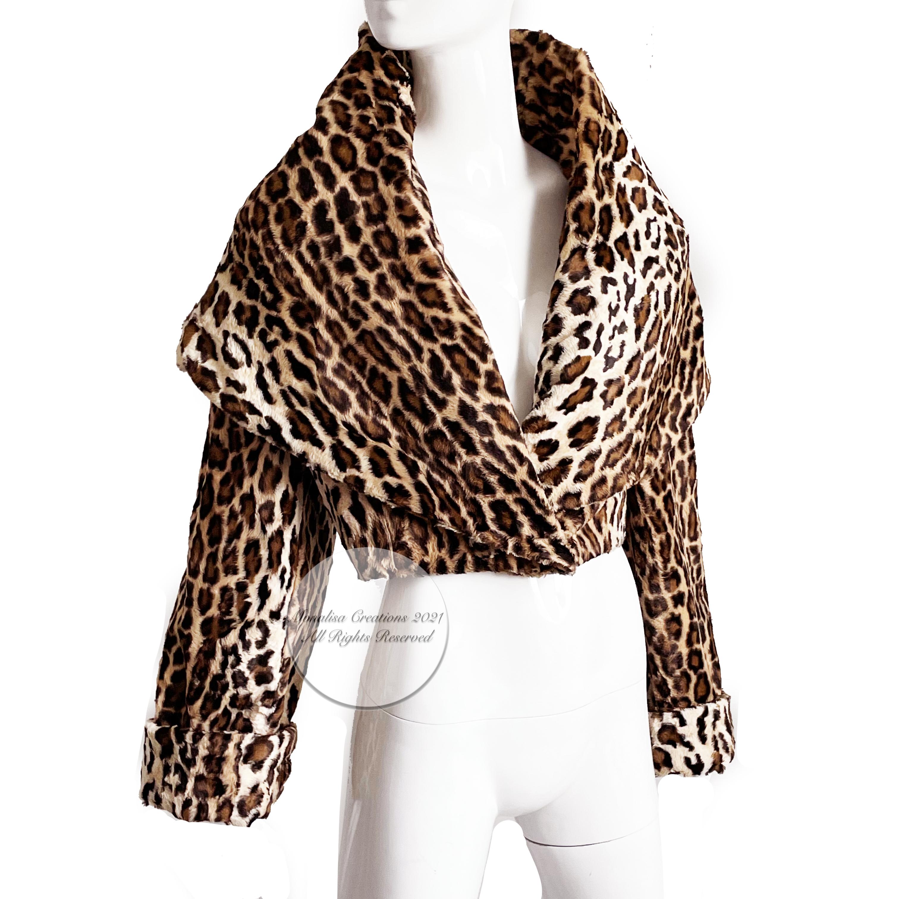 Norma Kamali OMO Jacket Faux Leopard Print Fur Oversized Shawl Collar Vintage S 2