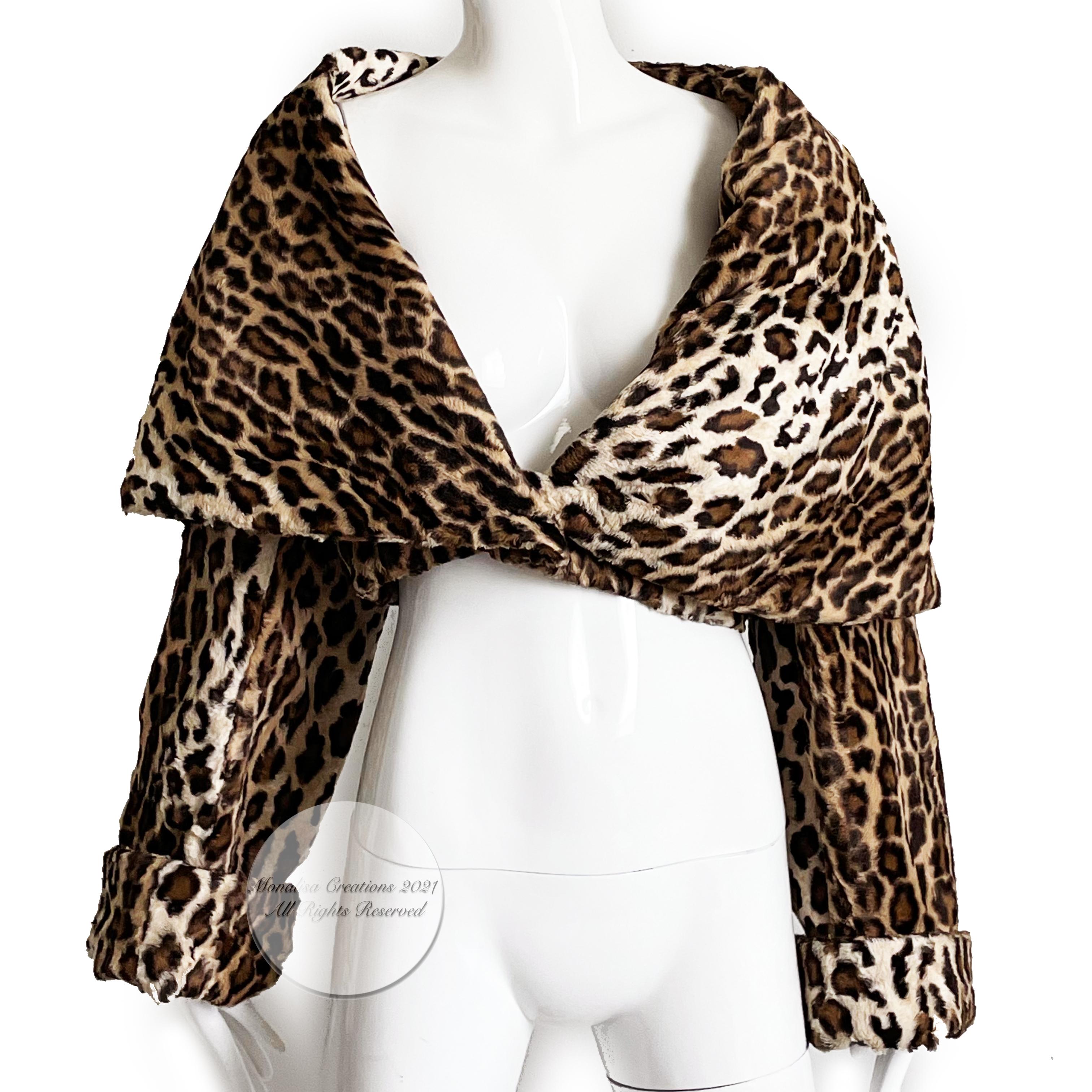 Norma Kamali OMO Jacket Faux Leopard Print Fur Oversized Shawl Collar Vintage S 1