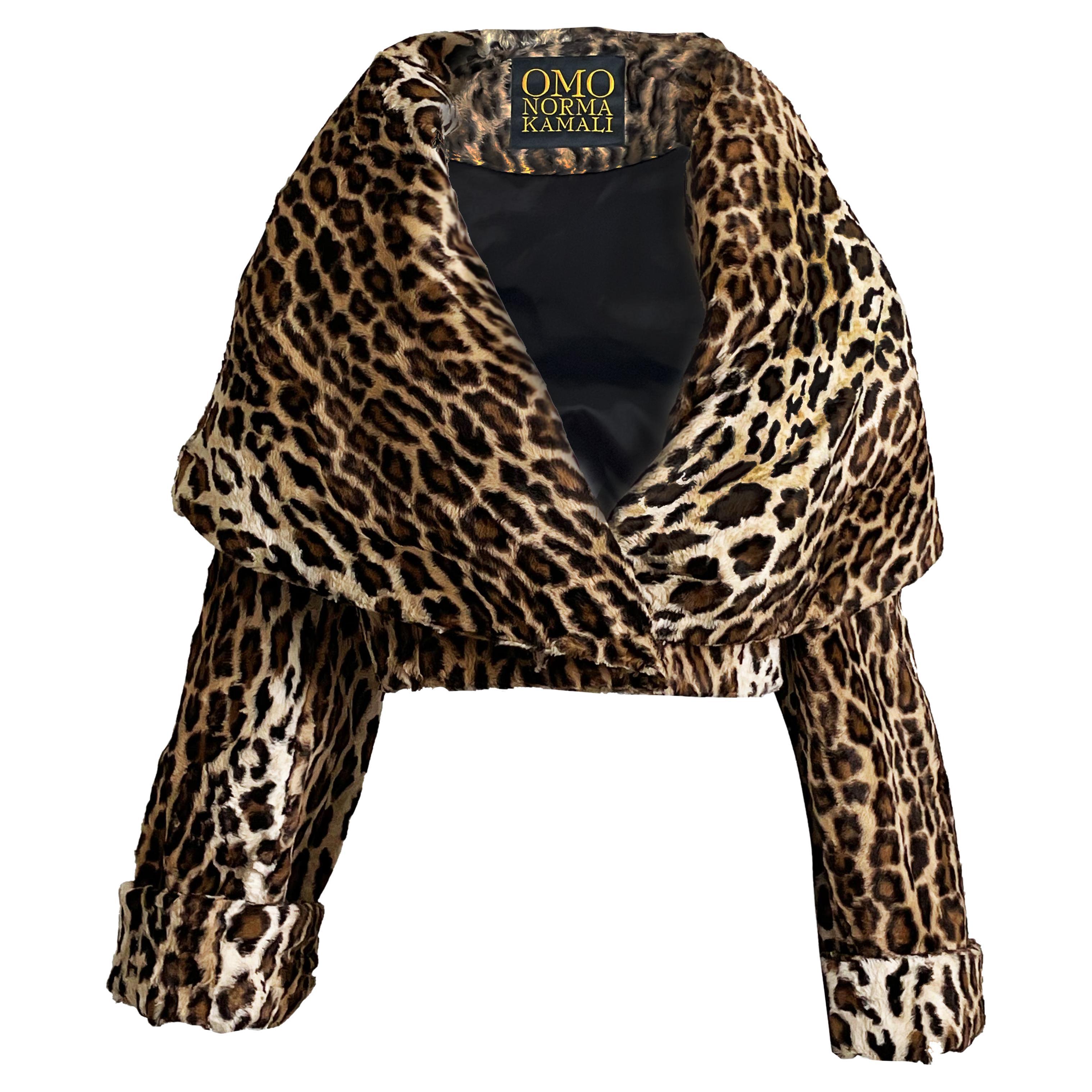 Norma Kamali OMO Jacket Faux Leopard Print Fur Oversized Shawl Collar Vintage S