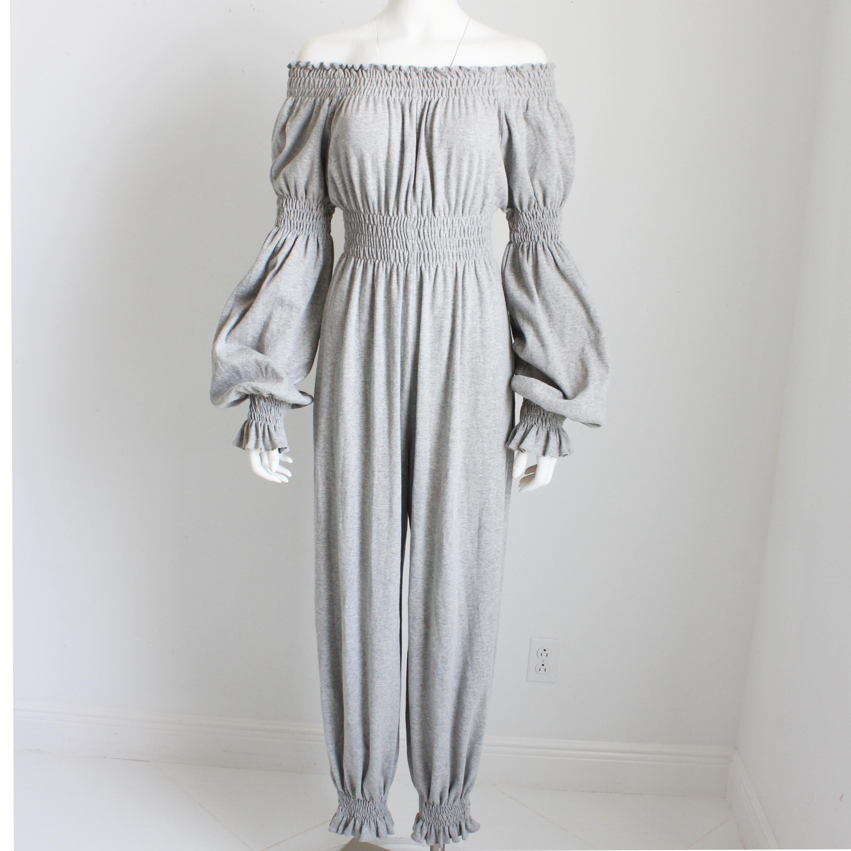 Gray Norma Kamali OMO Jumpsuit Off Shoulder Soft Organic Cotton Harem Pant Rare For Sale