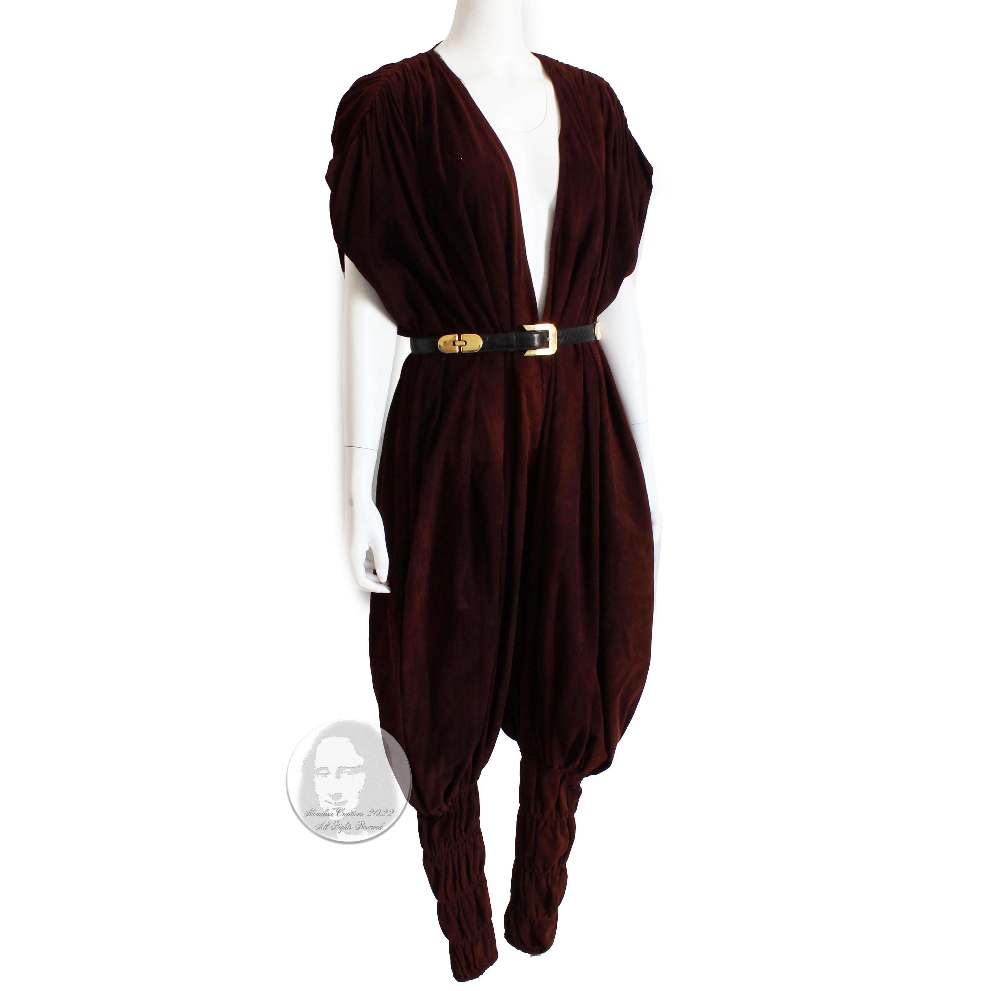 Black Norma Kamali OMO Jumpsuit Suede Leather Harem Pants Studio 54 Disco Style 1970s
