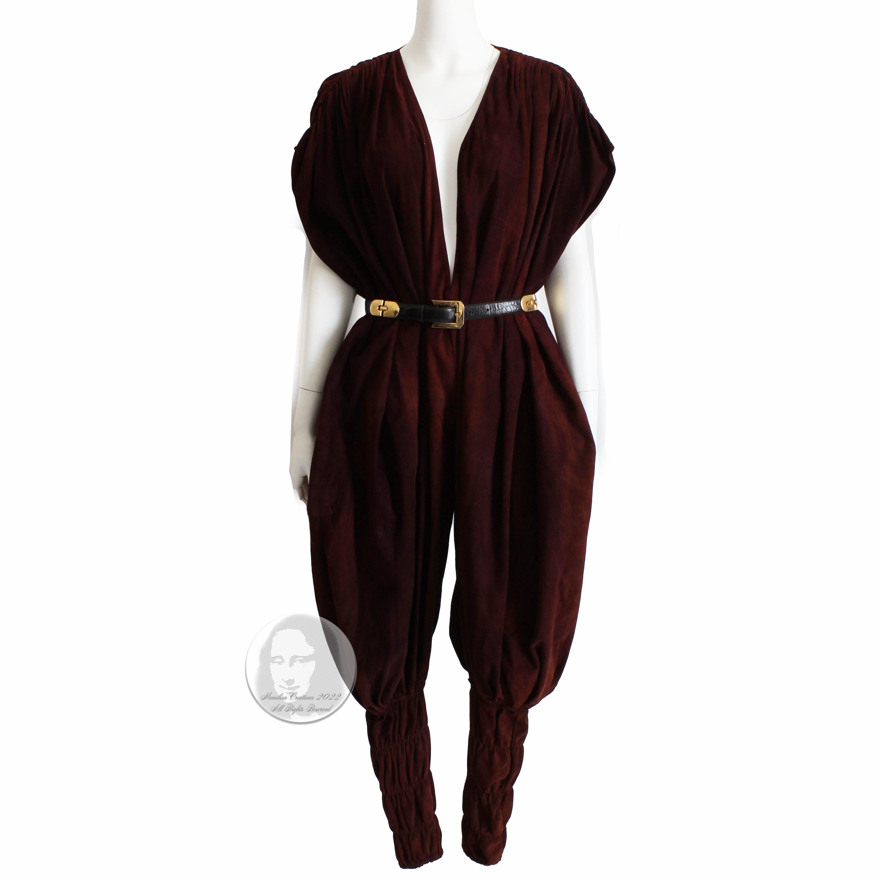 Norma Kamali OMO Jumpsuit Suede Leather Harem Pants Studio 54 Disco Style 1970s In Fair Condition In Port Saint Lucie, FL