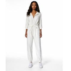 Norma Kamali OMO Jumpsuit White Cotton Hoodie Drawstring Waist Vintage 90s Sz M