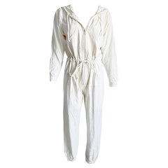 Norma Kamali OMO Jumpsuit White Cotton Hoodie Drawstring Waist Vintage 90s Sz M