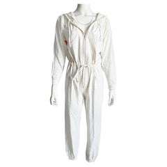 Norma Kamali OMO Jumpsuit White Cotton Hoodie Drawstring Waist Vintage 90s Sz M