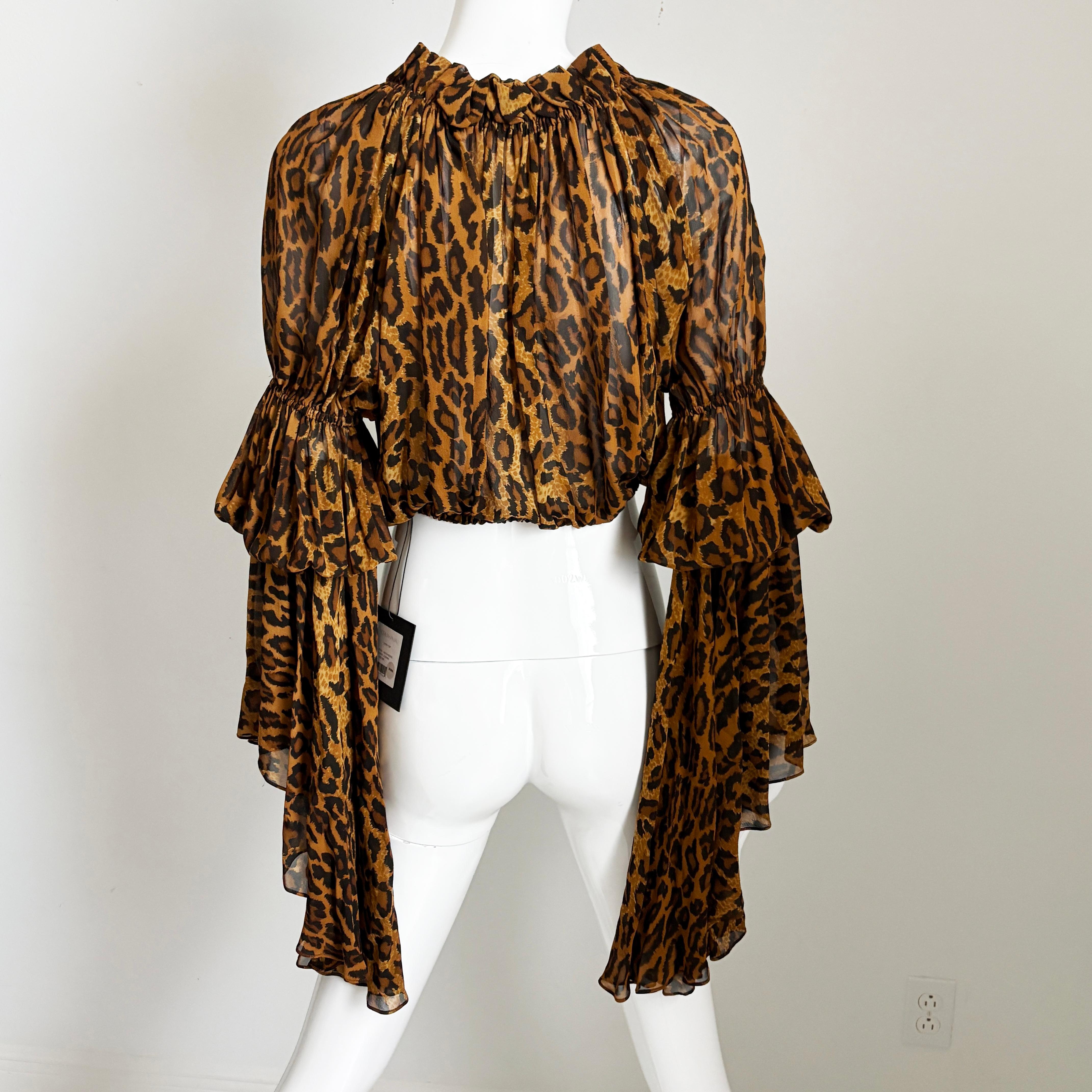 Norma Kamali OMO Leopard Print Blouse Crop Top Oversized Flounce Sleeves 90s HTF en vente 8