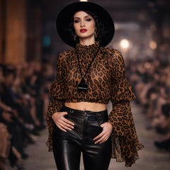 OMO Norma Kamali Camicetta con stampa leopardo Crop Top Maniche a balze oversize anni '90 HTF