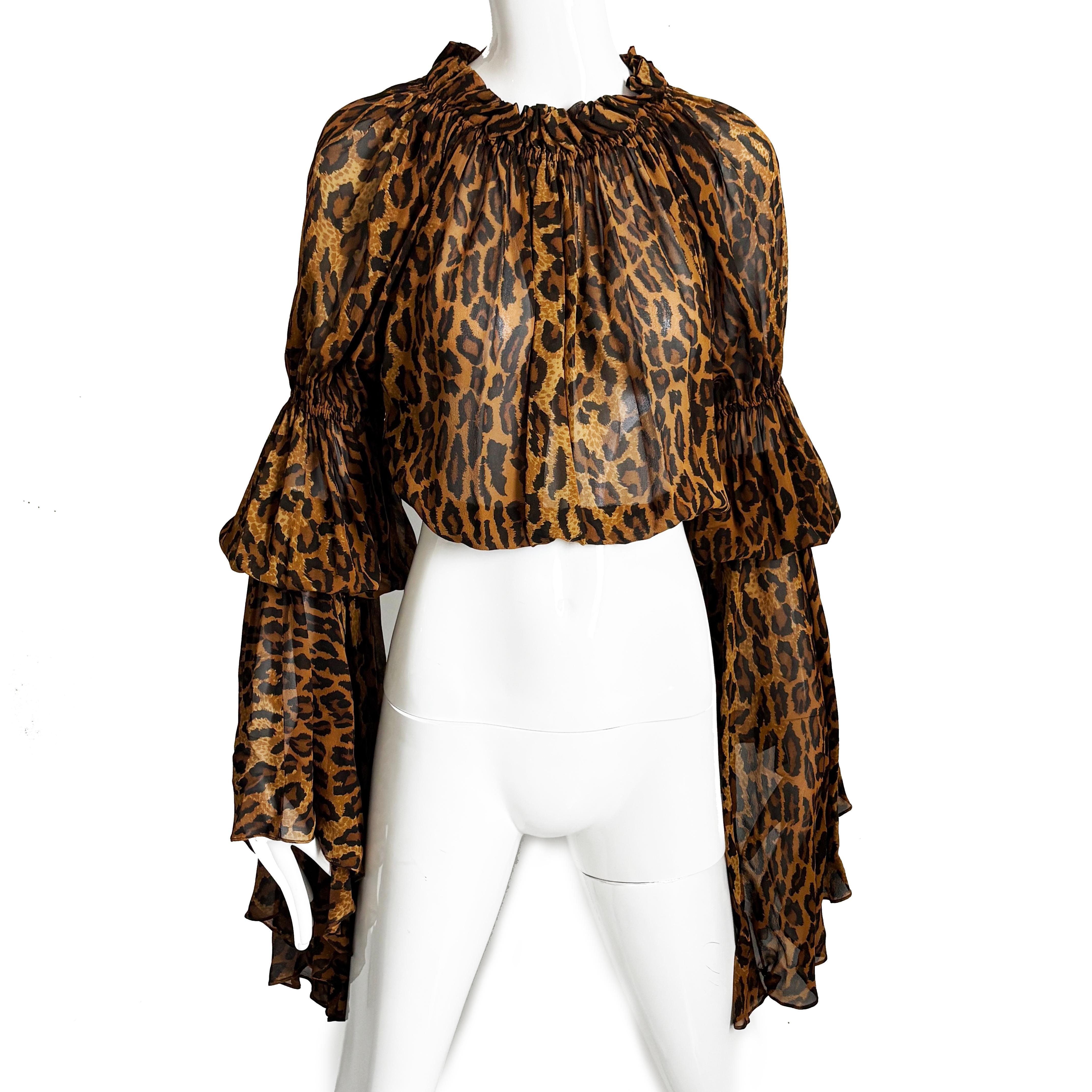 Marron Norma Kamali OMO Leopard Print Blouse Crop Top Oversized Flounce Sleeves 90s HTF en vente
