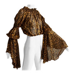 Norma Kamali OMO Leopard Print Blouse Crop Top Oversized Flounce Sleeves 90s HTF Norma Kamali OMO Leopard Print Blouse Crop Top Oversized Flounce Sleeves 90s HTF