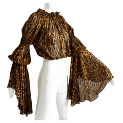Norma Kamali OMO Leopard Print Blouse Crop Top Oversized Flounce Sleeves 90s HTF