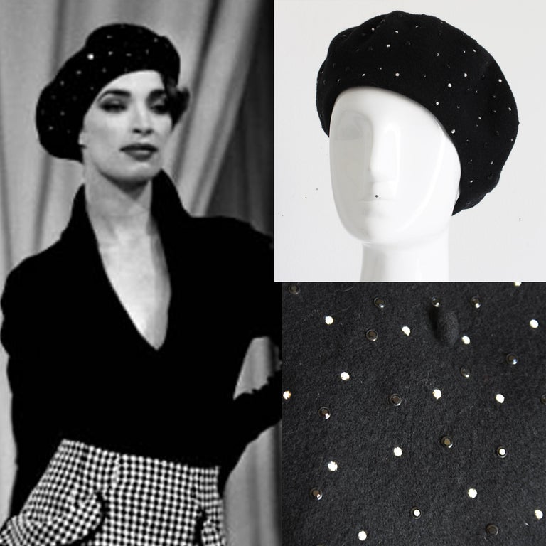 Norma Kamali OMO Rhinestone Beret Black Wool Vintage 80s  display picture 1