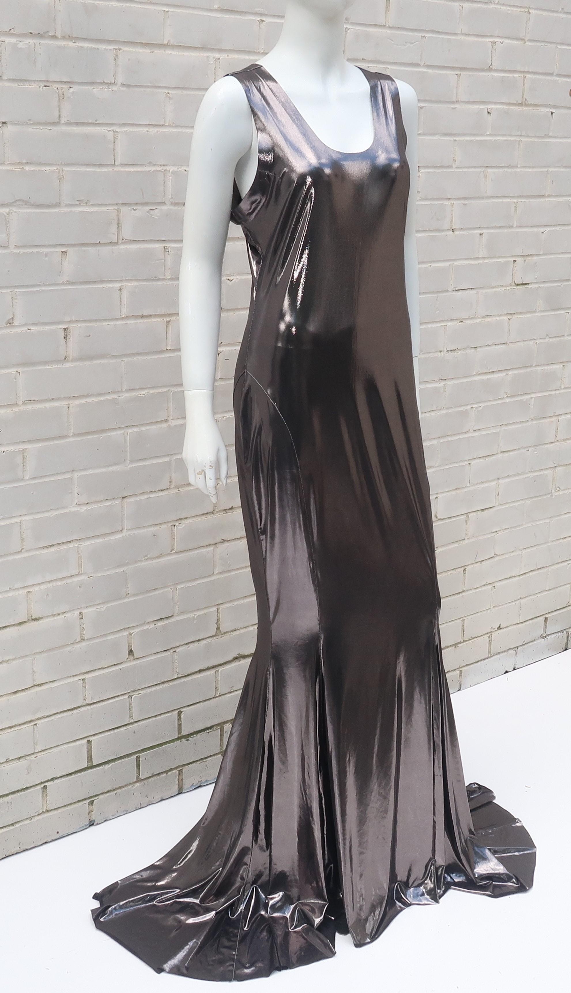 Black Norma Kamali Racer Fishtail Metallic Evening Gown Dress