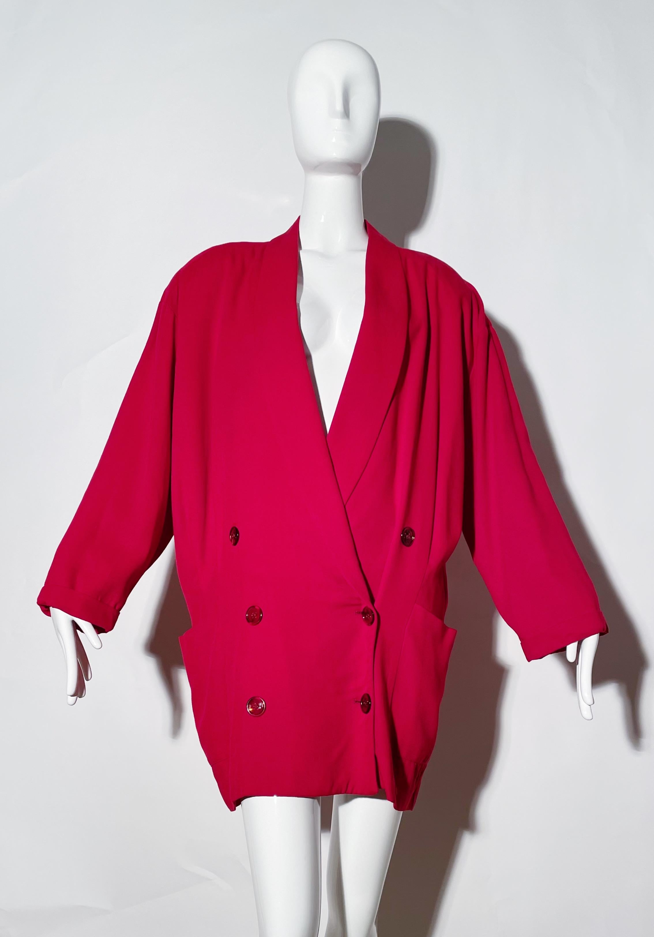 Red blazer dress. Padded shoulders. Double breasted. Collared. Front pockets. Lined. Wool blend. 
*Condition: Excellent vintage condition. No visible Flaws.

Measurements Taken Laying Flat (inches)—
Shoulder to Shoulder: 23 in.
Sleeve Length: 20