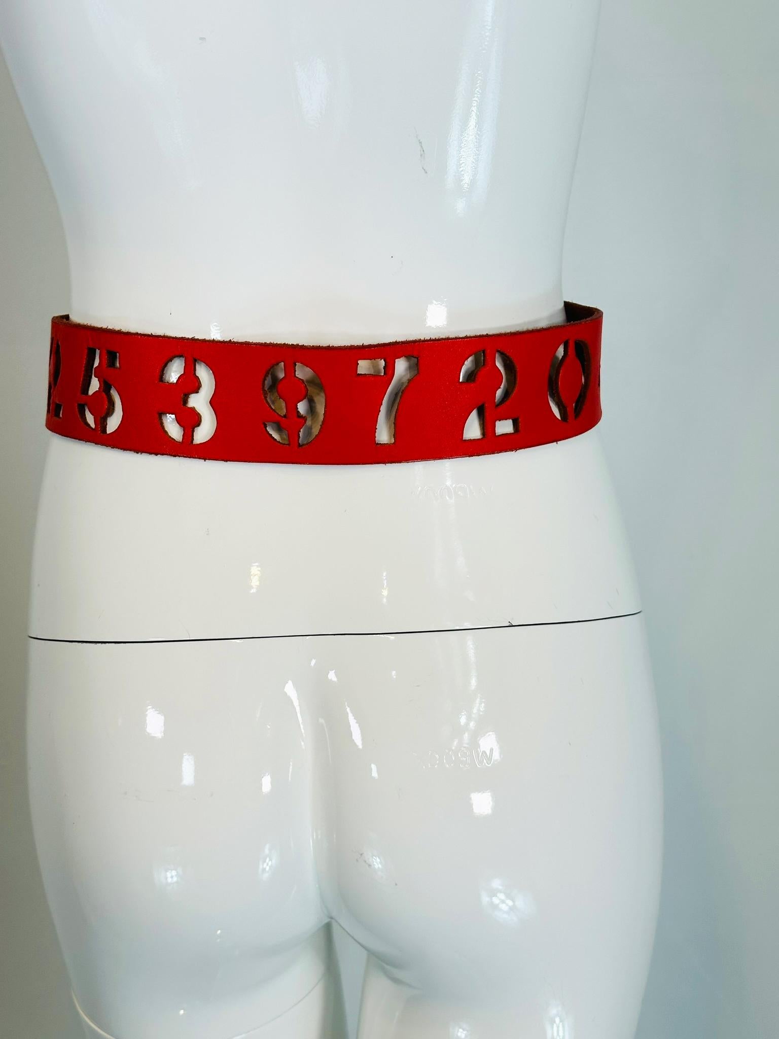 Norma Kamali Red Leather Novelty Numbers Belt with Silver Cross Buckle S-M 1