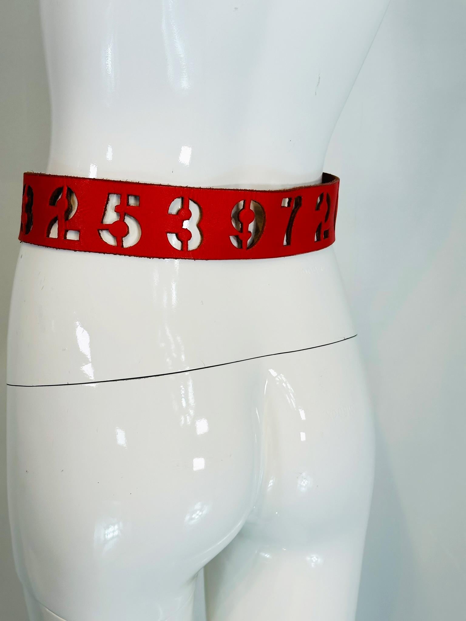 Norma Kamali Red Leather Novelty Numbers Belt with Silver Cross Buckle S-M 2