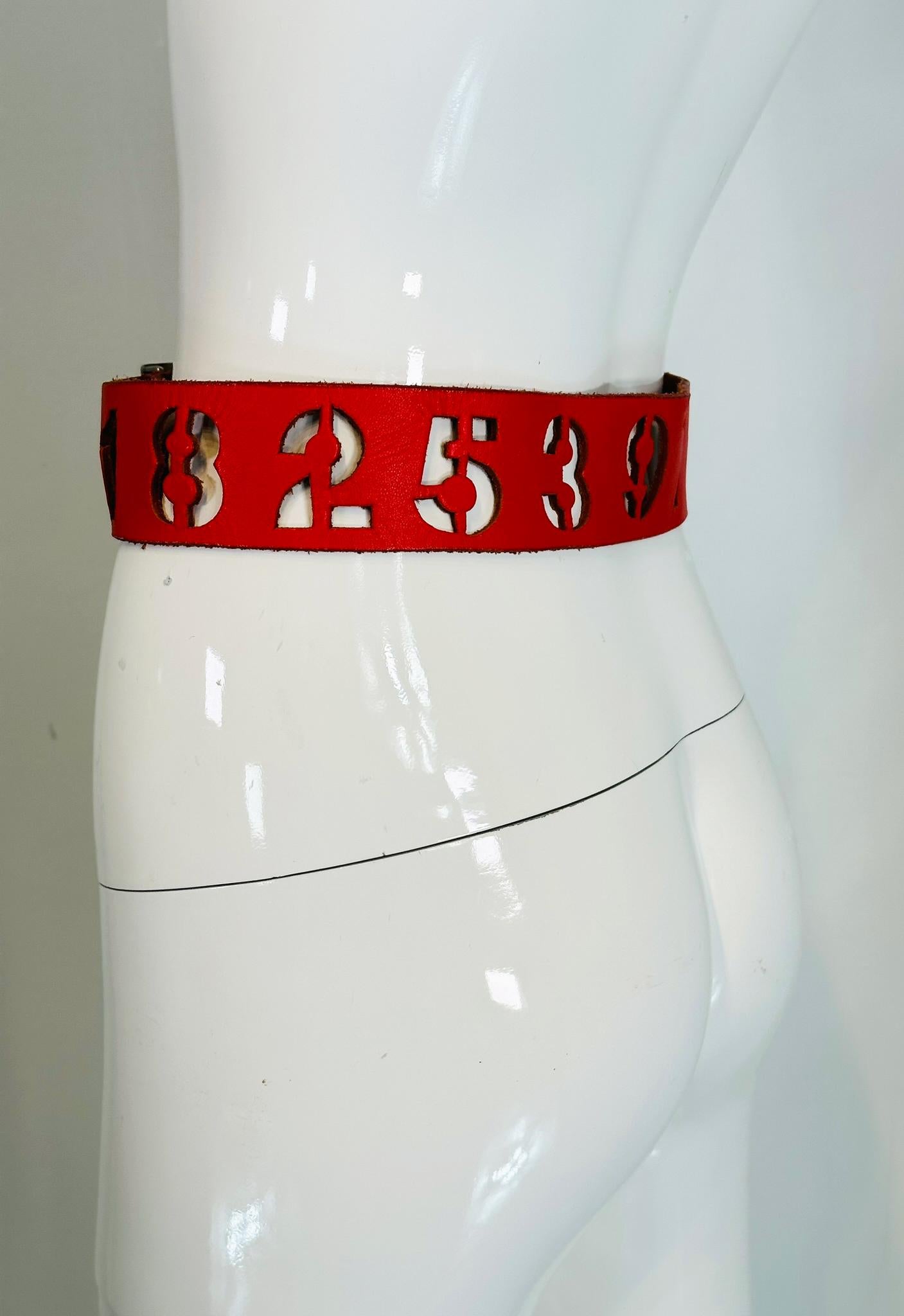 Norma Kamali Red Leather Novelty Numbers Belt with Silver Cross Buckle S-M 3