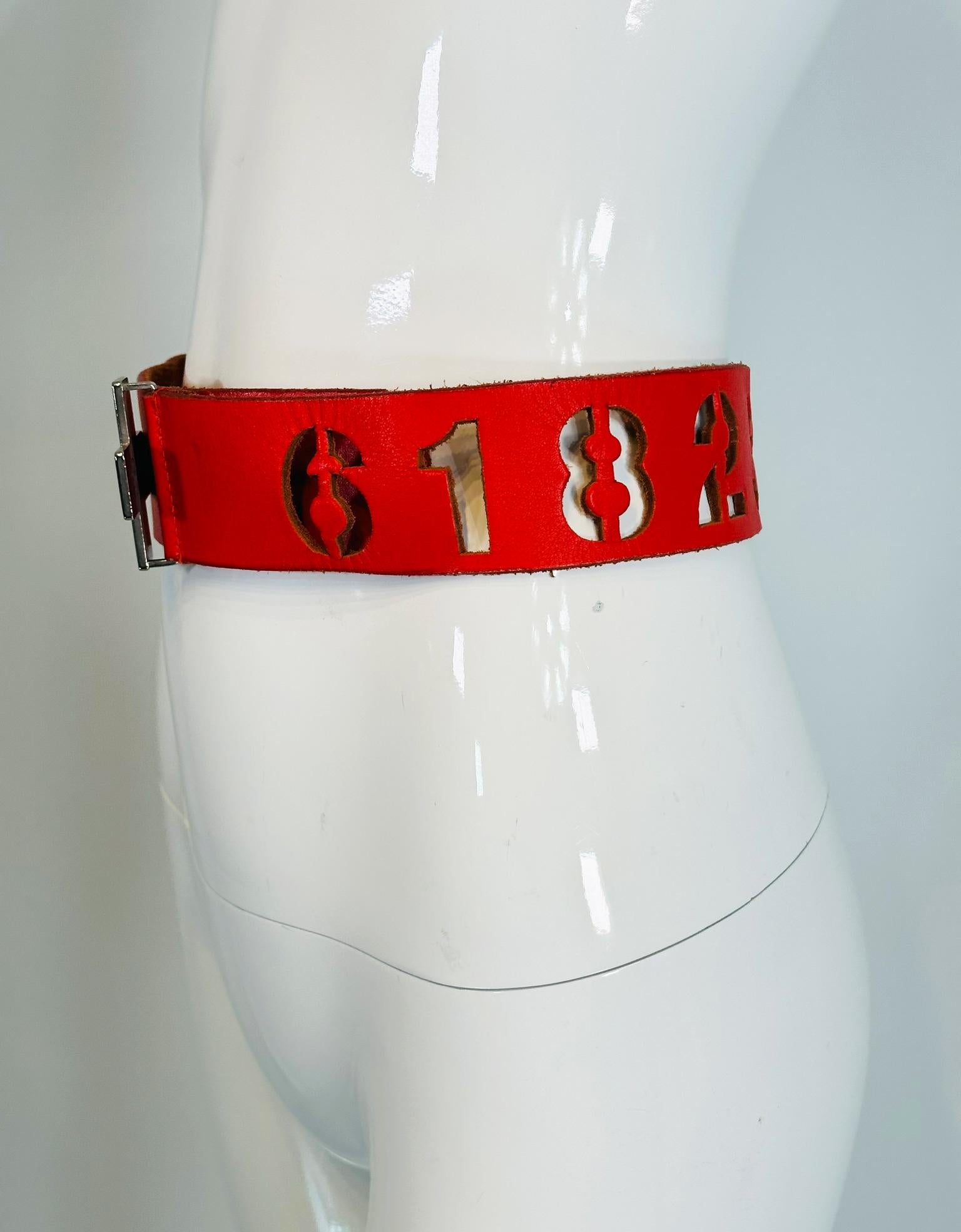 Norma Kamali Red Leather Novelty Numbers Belt with Silver Cross Buckle S-M 5