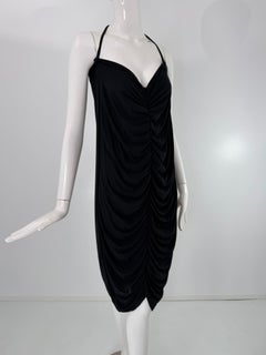 Norma Kamali Vintage 1980s Black Jersey Sheared Front Halter Neck Dress Large