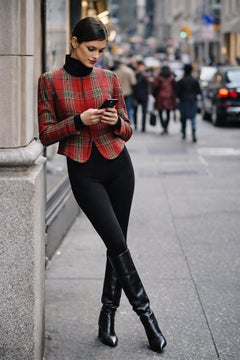 Norma Kamali Vintage 1980s Red Tartan Cropped Jacket Sculpted Blazer