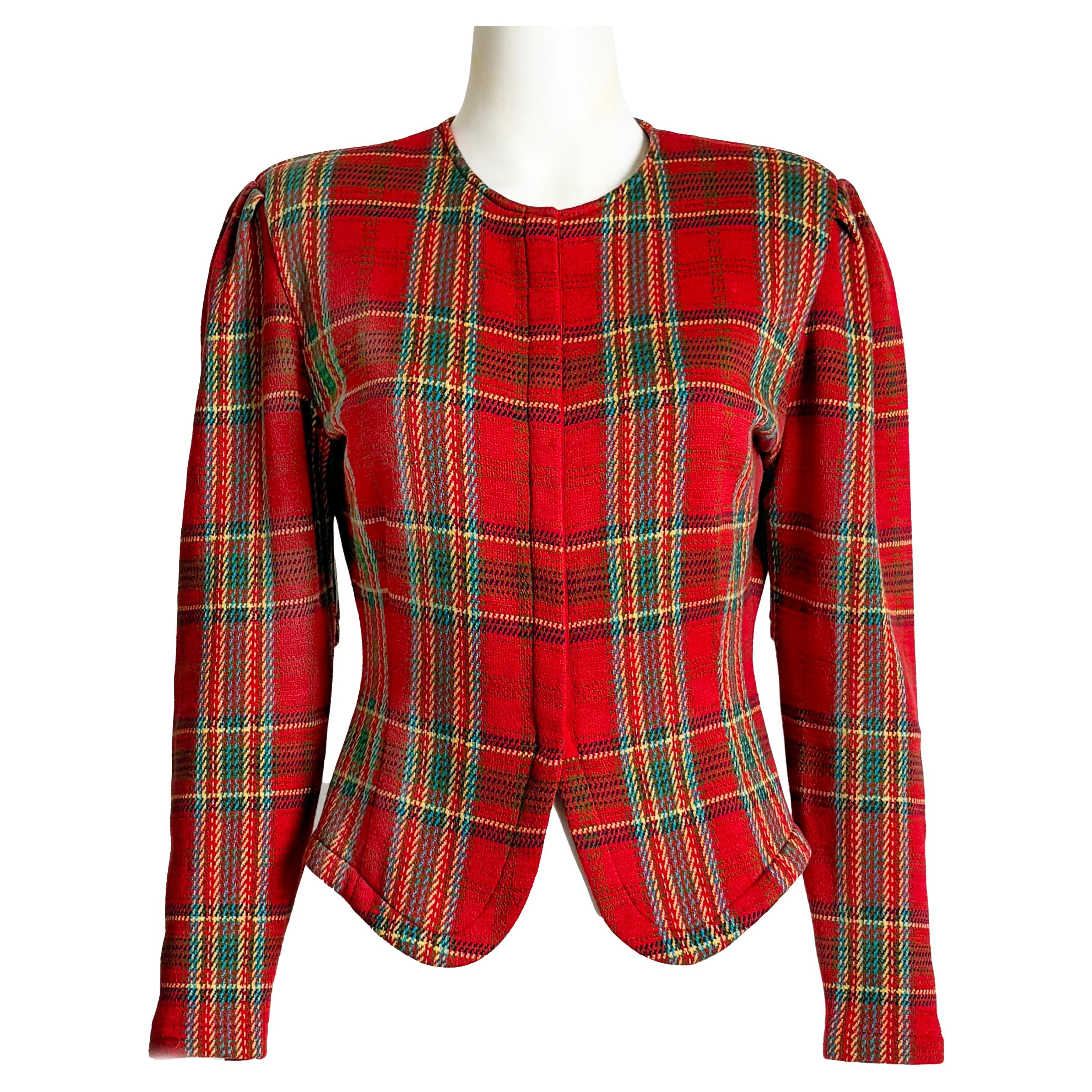 Norma Kamali Vintage 1980s Red Tartan Cropped Jacket Sculpted Blazer