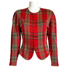 Norma Kamali Vintage 1980s Red Tartan Cropped Jacket Sculpted Blazer
