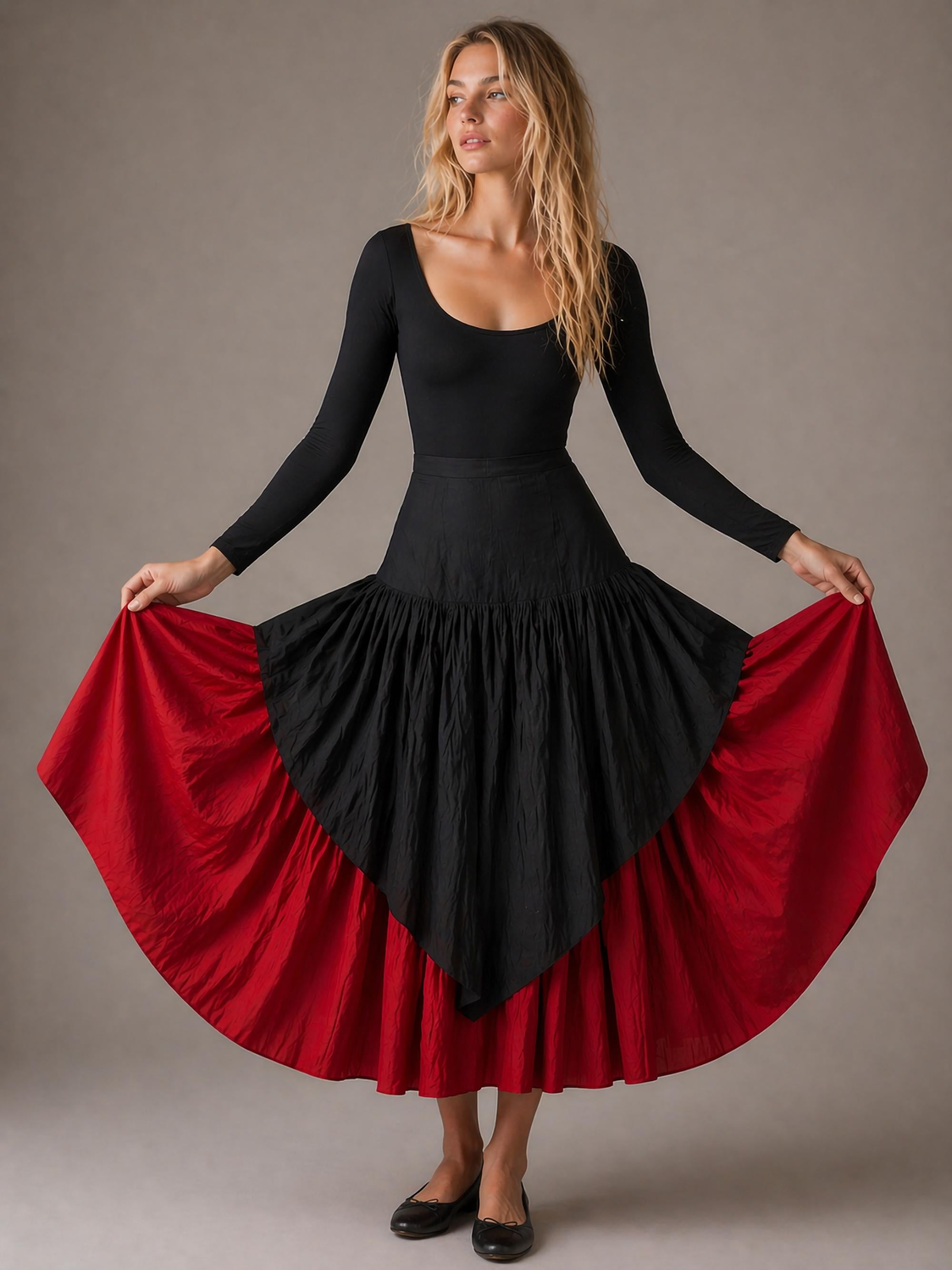 Norma Kamali Vintage 1990s Black Red Pleated Skirt Size 6 High