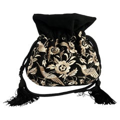 Norma Kamali Vintage Black Velvet Bird Embroidered Drawstring Bag Clutch