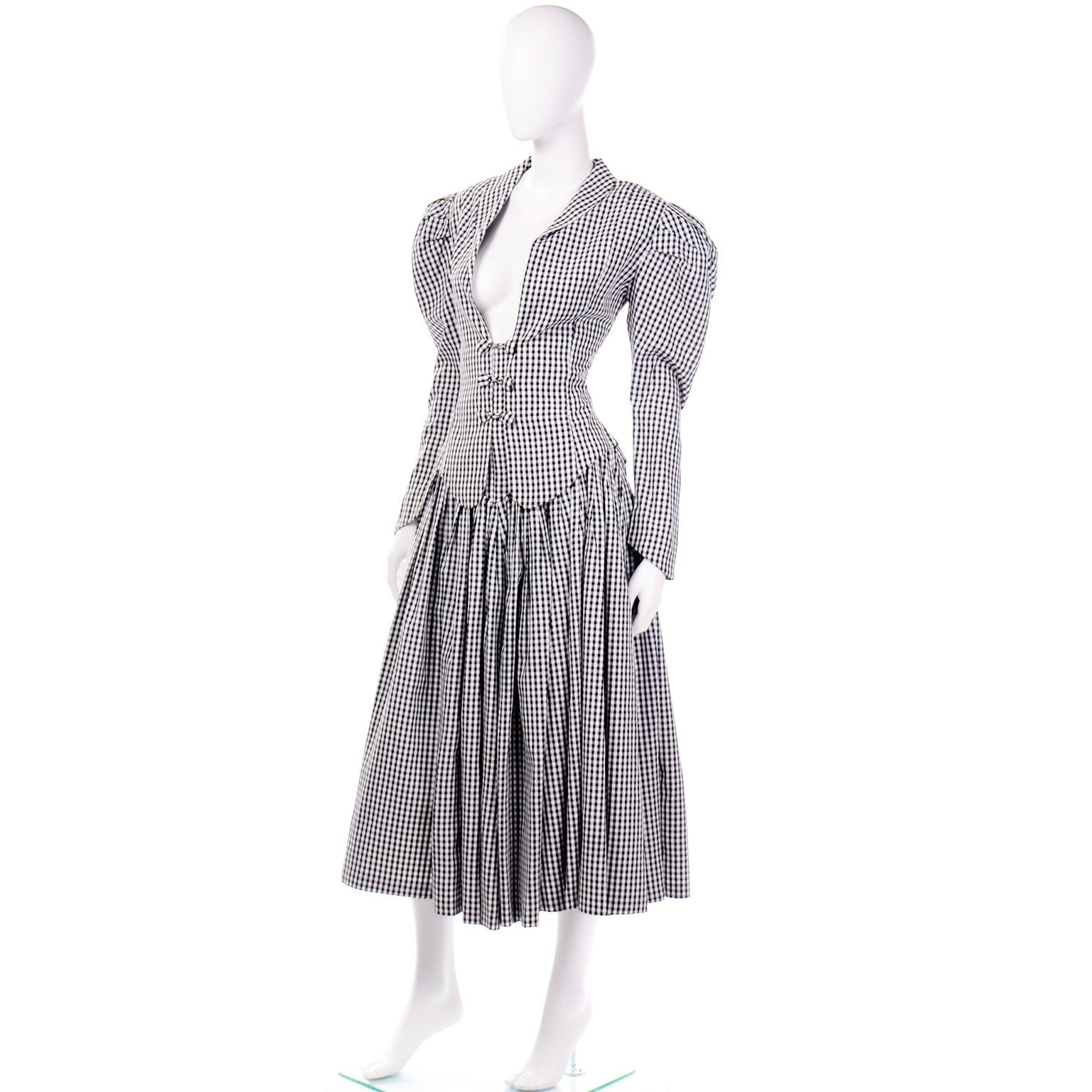 Gray Norma Kamali Vintage Black & White Check Royalcore Victorian Inspired 2pc Dress