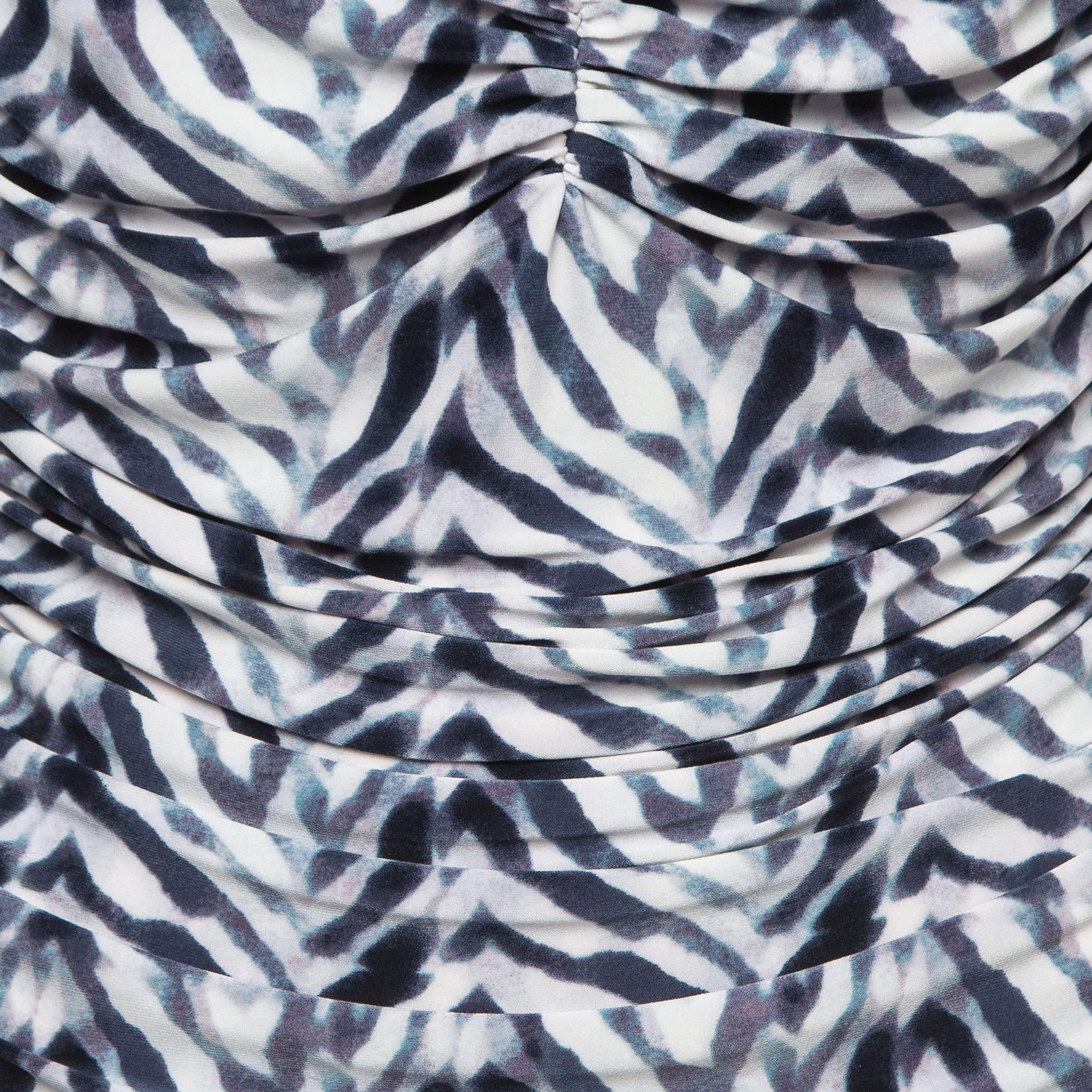 Grigio Norma Kamali Bianco/Blu Stampa Zebra Jersey Halter Slinky Marissa Costume da bagno XL in vendita