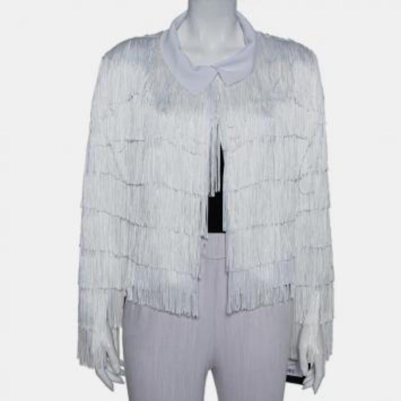 Norma Kamali White Knit Fringed Open Front Collared Jacket M For Sale 5