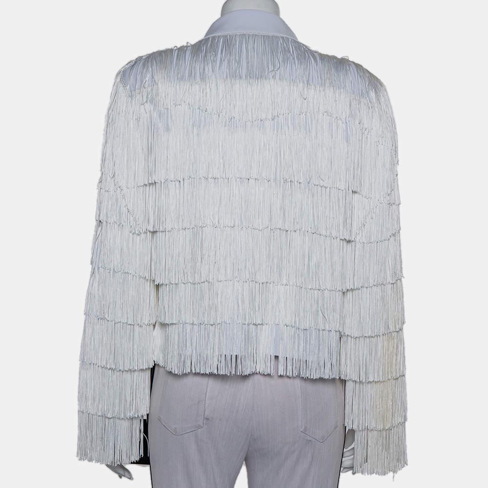 Gray Norma Kamali White Knit Fringed Open Front Collared Jacket M For Sale