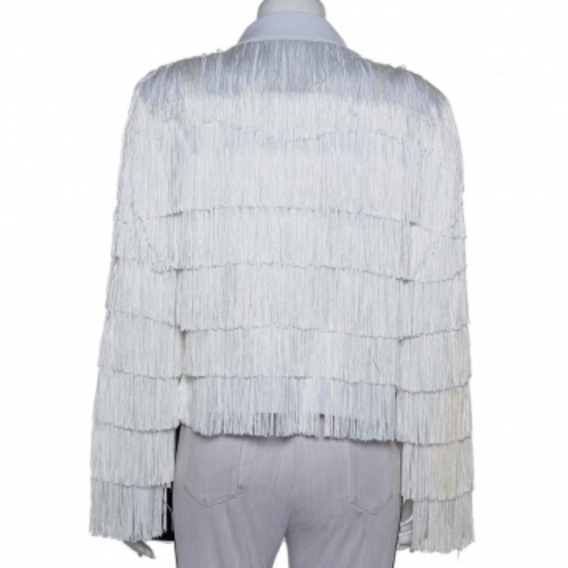 Women's Norma Kamali White Knit Fringed Open Front Collared Jacket M For Sale