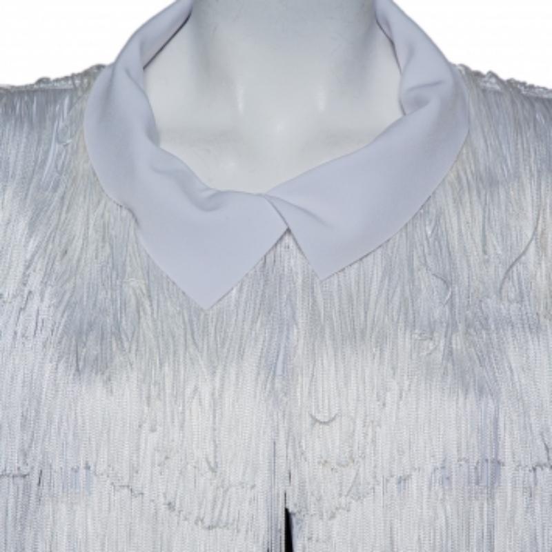 Norma Kamali White Knit Fringed Open Front Collared Jacket M For Sale 1