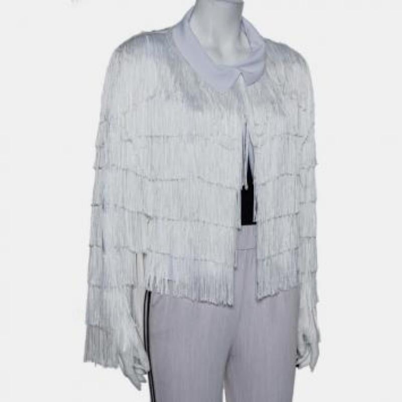 Norma Kamali White Knit Fringed Open Front Collared Jacket M For Sale 2