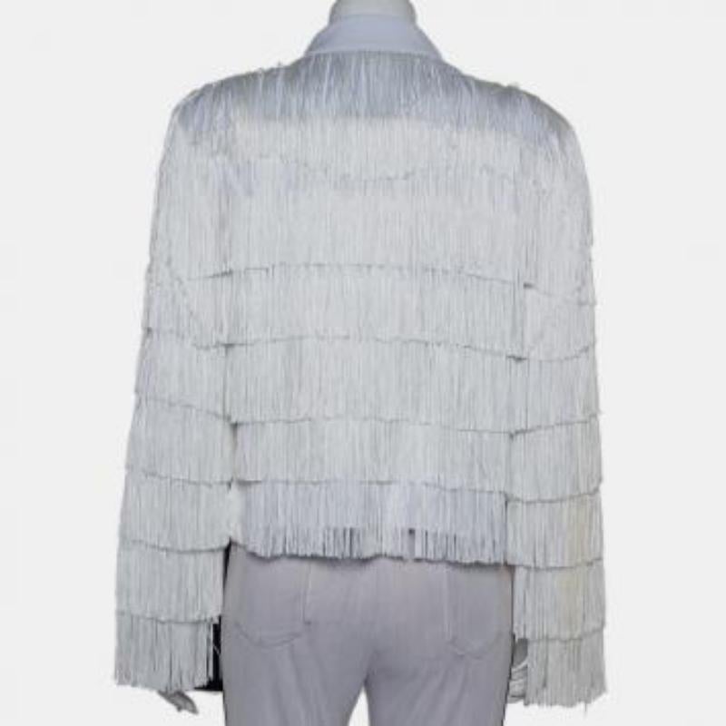 Norma Kamali White Knit Fringed Open Front Collared Jacket M For Sale 3