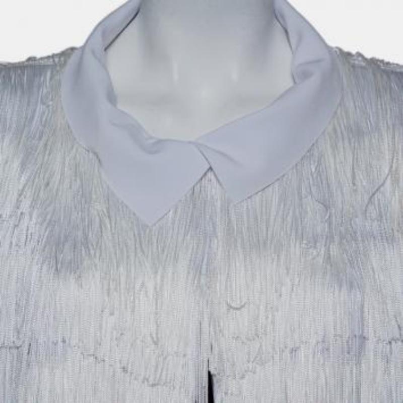 Norma Kamali White Knit Fringed Open Front Collared Jacket M For Sale 4