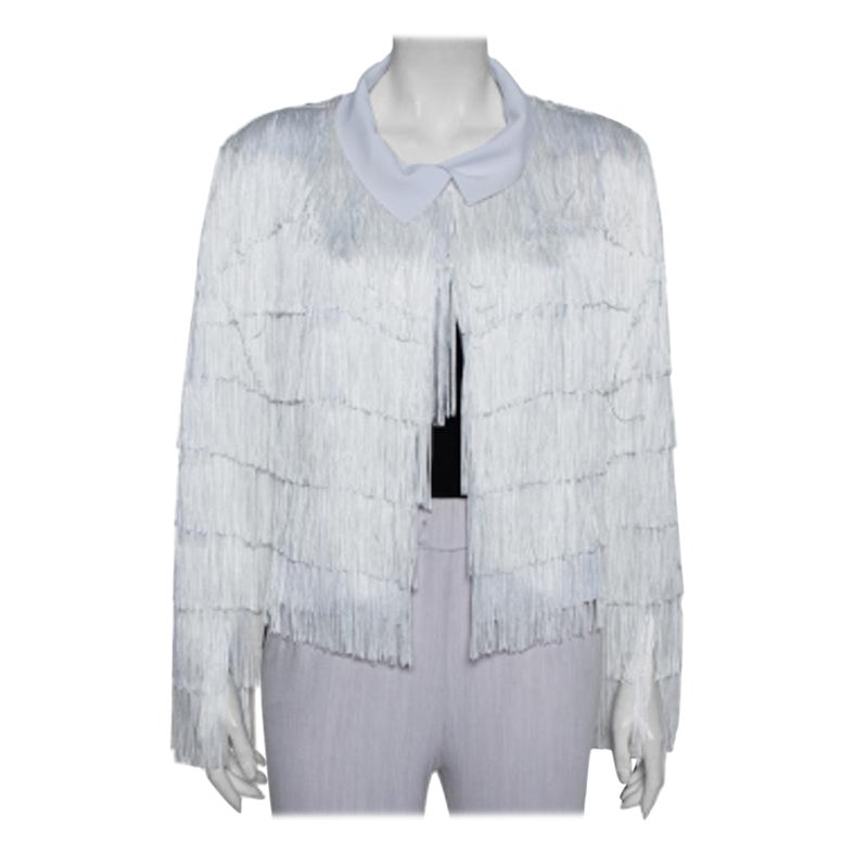 Norma Kamali White Knit Fringed Open Front Collared Jacket M