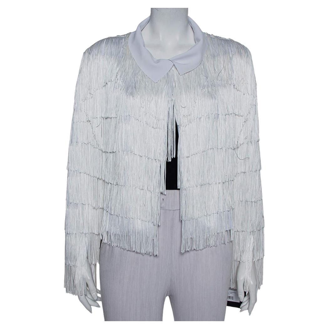 Norma Kamali White Knit Fringed Open Front Collared Jacket M For Sale