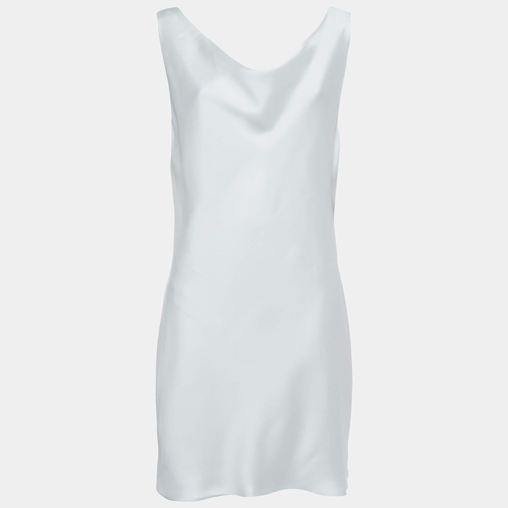 Norma Kamali White Satin Cowl Neck Mini Dress L For Sale