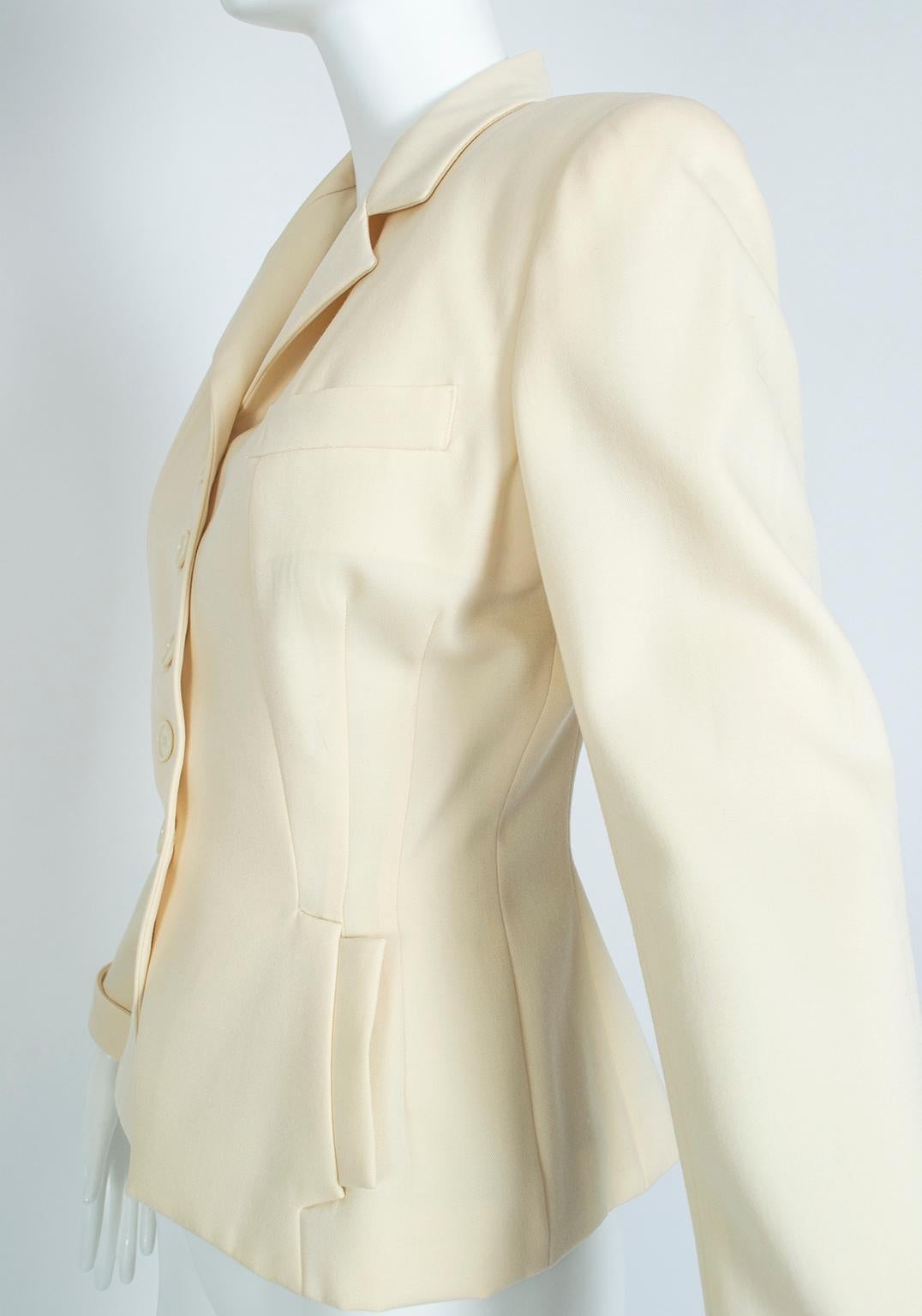 Norma Kamali Ivory Wool Dioresque Sculpted Bar Jacket Peplum Blazer - XS, 1980s In Excellent Condition In Tucson, AZ