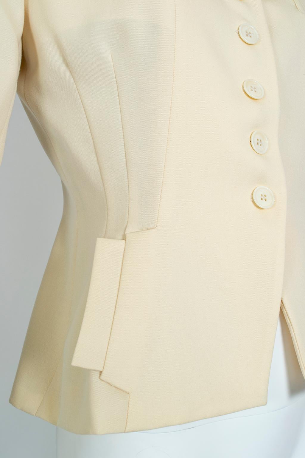 Women's Norma Kamali Ivory Wool Dioresque Sculpted Bar Jacket Peplum Blazer - XS, 1980s